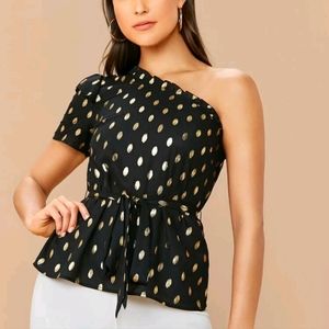 New women One shoulder frill trim gold dot belted top